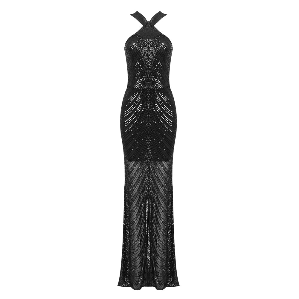 Artia Lace Sequin Maxi Dress - Black