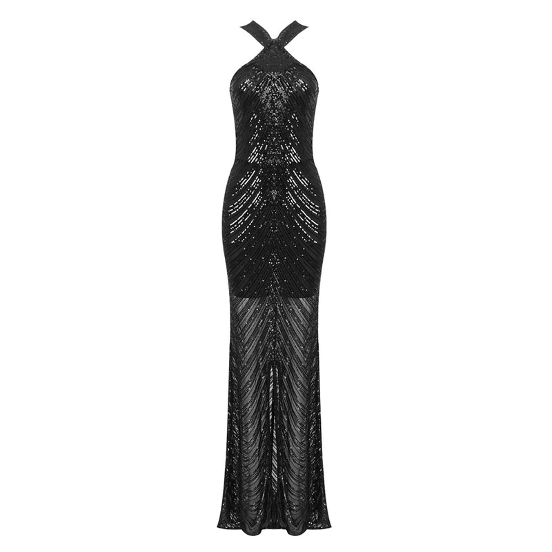 Black Sequin Maxi Dress with Front Slit – Marssiana