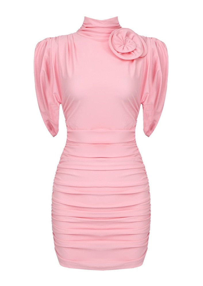 Ruffles Pink Mini Dress with Neck Flower