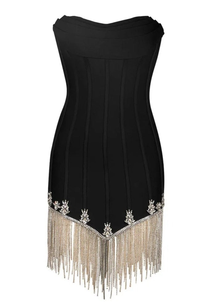 Corset Mini Black Dress with Rhinestone Threads