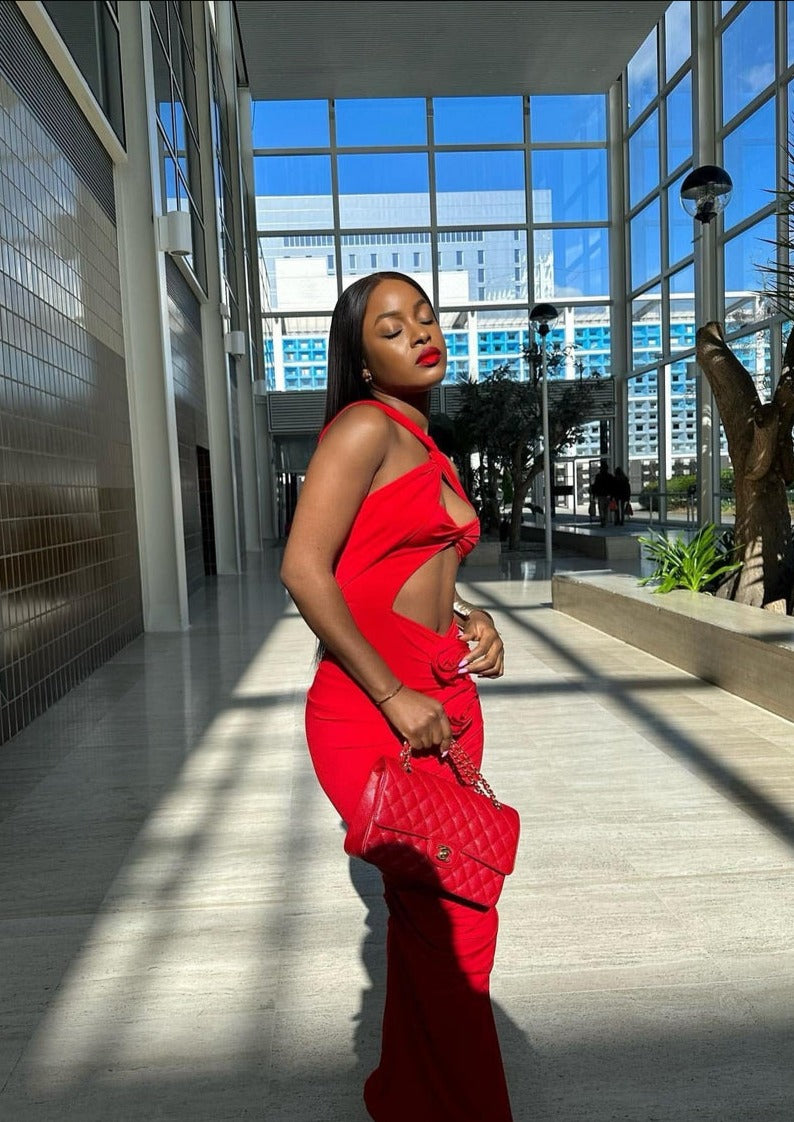 Red Maxi Dress with Cutouts and Flowers