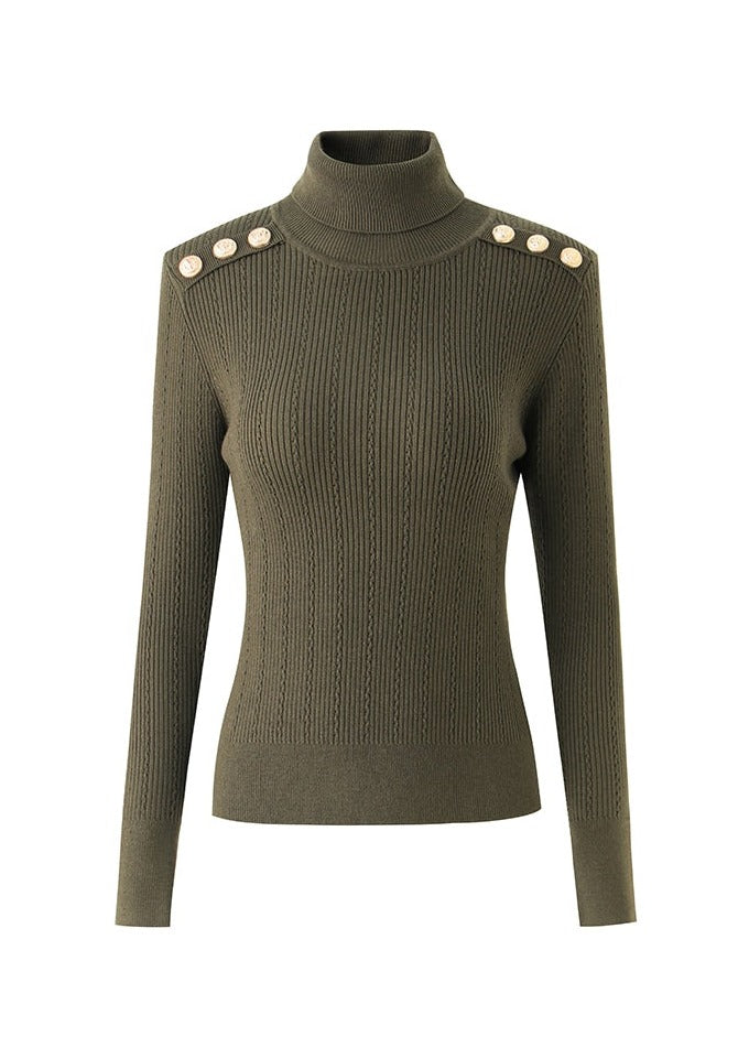 Embossed-button Detail Ribbed Jumper