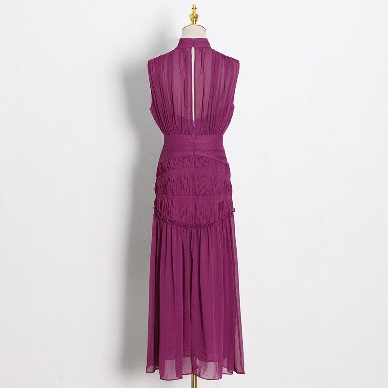 Purple Long Chiffon Dress With Gathers