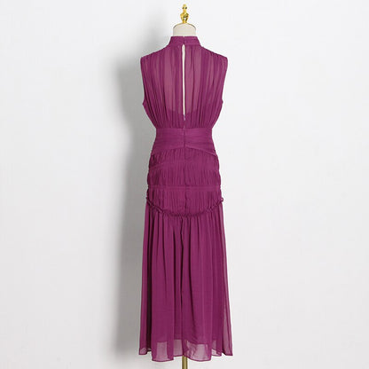 Purple Long Chiffon Dress With Gathers