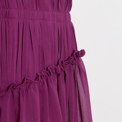 Purple Long Chiffon Dress With Gathers