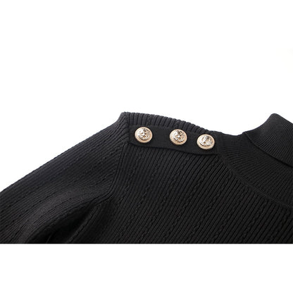 Embossed-button Detail Ribbed Jumper