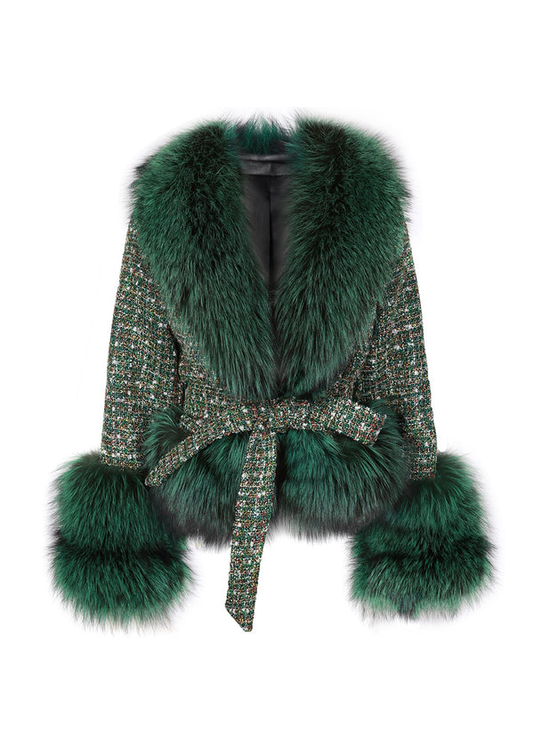 Short Green Fox Fur Tweed Coat