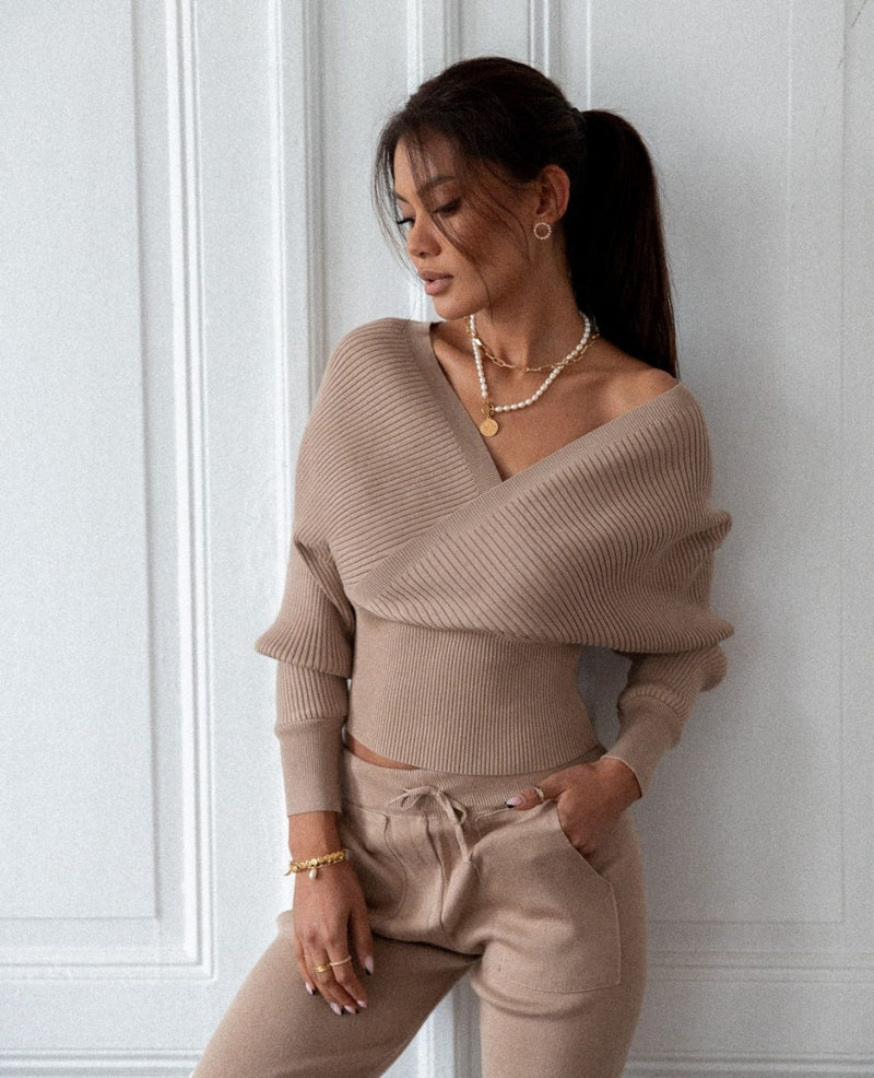 Knitted Two-Piece Set with Off-the-shoulder top