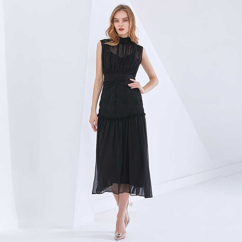 Black Long Chiffon Dress With Gathers