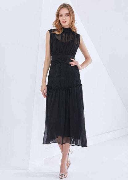 Black Long Chiffon Dress With Gathers