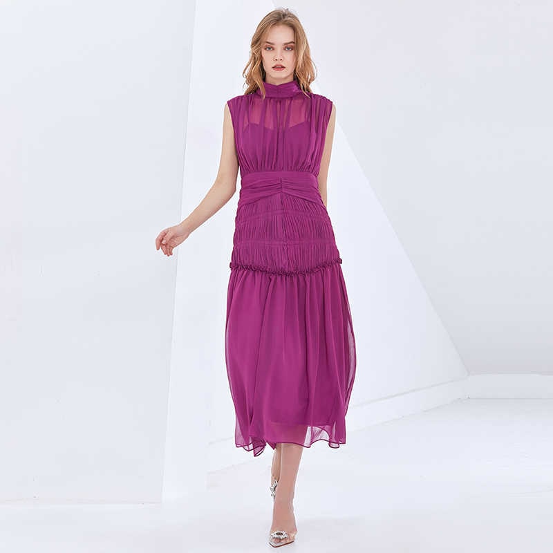 Purple Long Chiffon Dress With Gathers