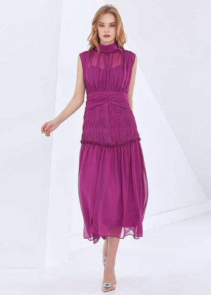 Purple Long Chiffon Dress With Gathers