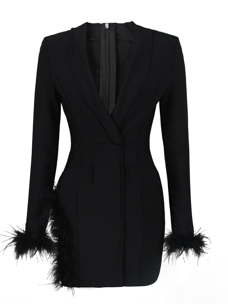 Black Blazer Dress with Feathers