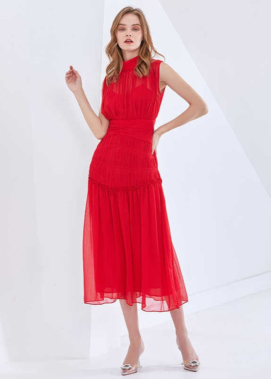 Red Long Chiffon Dress With Gathers