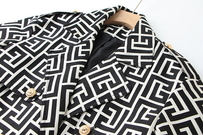 Black-White Pattern Trench Coat