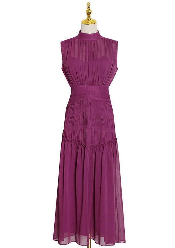 Purple Long Chiffon Dress With Gathers