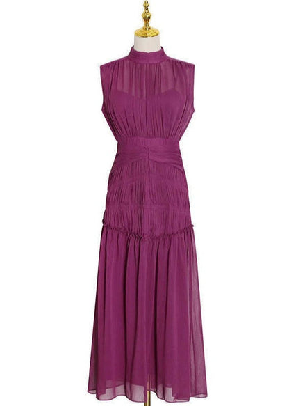 Purple Long Chiffon Dress With Gathers