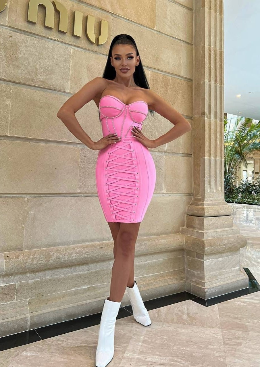 Pink Strapless Corset-style Bandage Dress