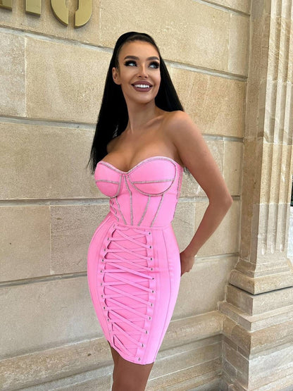 Pink Strapless Corset-style Bandage Dress