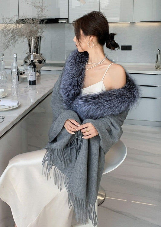 Fox Fur Trimmed Poncho Shawl