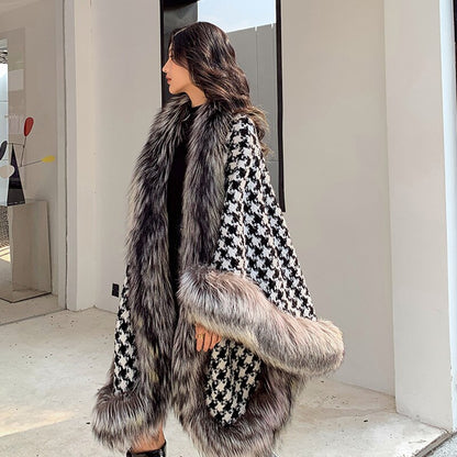 Fox Fur Trimmed Houndstooth Poncho