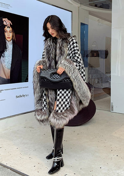 Fox Fur Trimmed Houndstooth Poncho