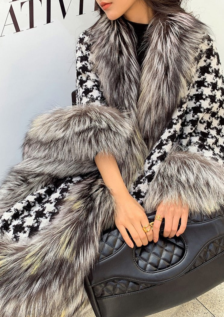 Fox Fur Trimmed Houndstooth Poncho